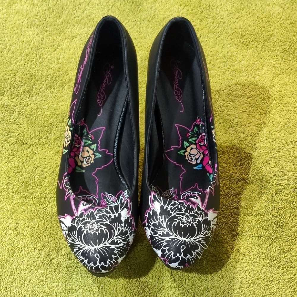 Ed Hardy Black Floral Platform Heels